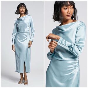& Other Stories Light Blue Satin Midi Dress button sleeve cowl neck
